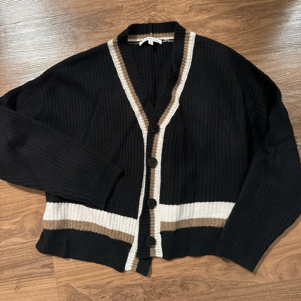 Black Cashmere Cardigan with Striped Accents